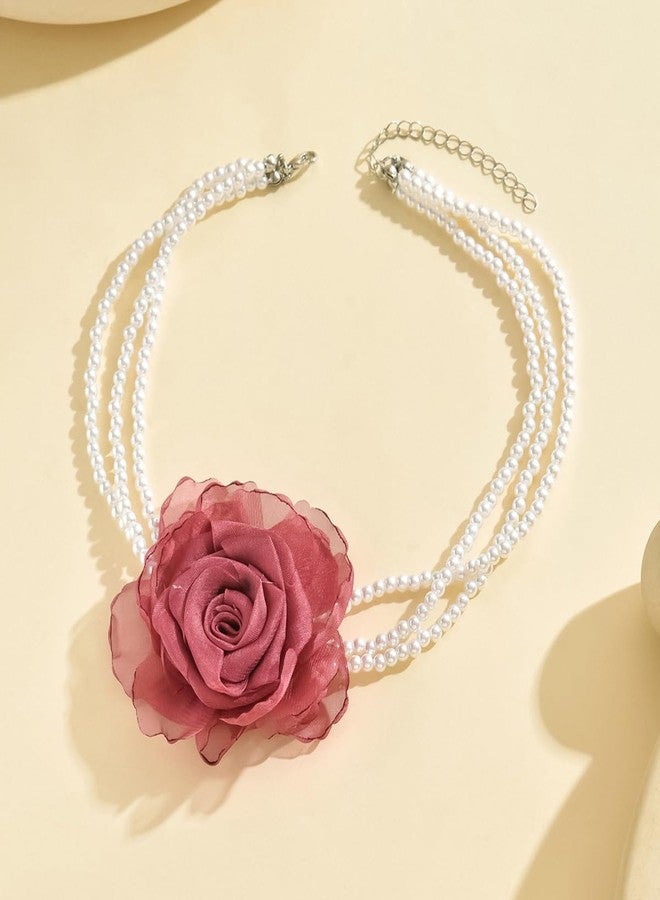 IS4U Layered Pearl Flower Choker Necklace Large Camellia Flower Necklace Multilayer Pearl Clavicle Fashion Statement Necklace Prom Party Banquet Wedding Dress Jewelry for Women (Rose Red) - Image 3